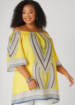 New Ashley Stewart Abstract Off The Shoulder Blouse Maize