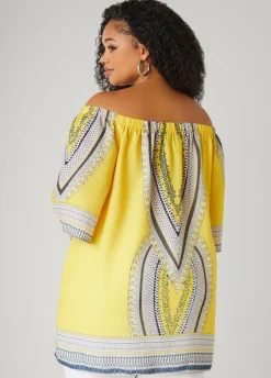 New Ashley Stewart Abstract Off The Shoulder Blouse Maize