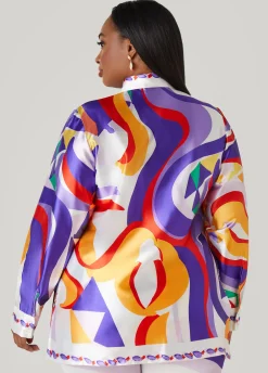 Fashion Ashley Stewart Abstract Print Satin Shirt Multi