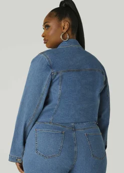 Clearance Ashley Stewart Bandana Print Cropped Denim Jacket Denim Blue