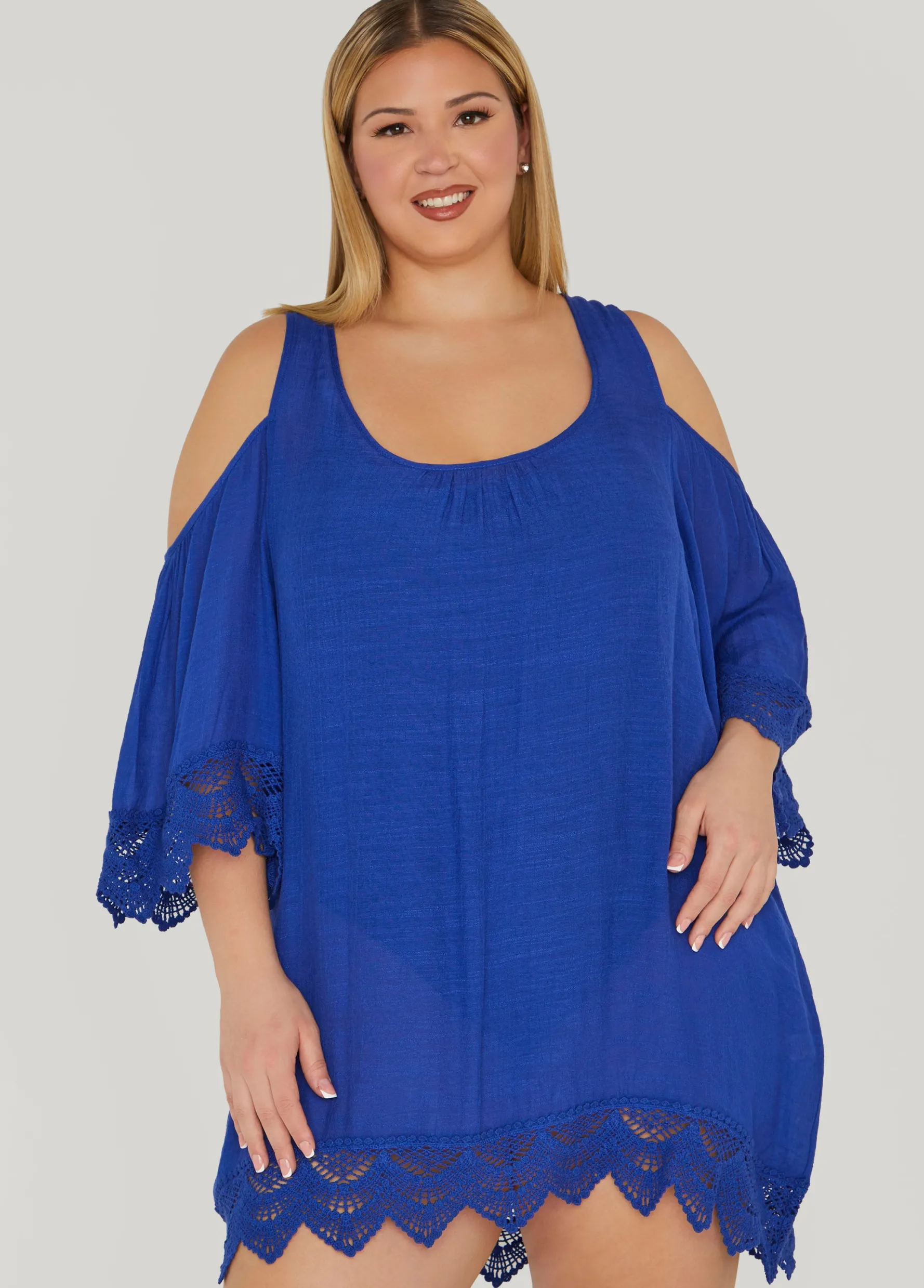 Best Ashley Stewart Beach Break Cold Shoulder Cover Up Blue