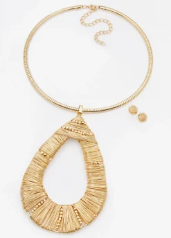 Best Ashley Stewart Beaded Pendant Collar Set Gold