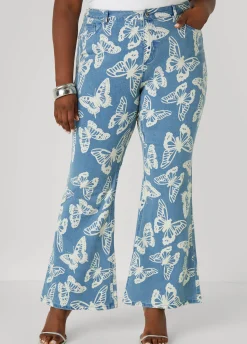 Clearance Ashley Stewart Butterfly Print Flared Jeans Medium Blue