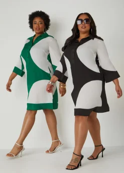 Discount Ashley Stewart Buttoned Circle Print Shirtdress Black White