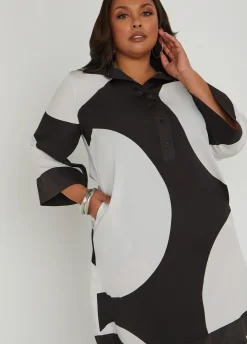 Discount Ashley Stewart Buttoned Circle Print Shirtdress Black White