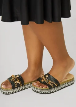 Sale Ashley Stewart Chain Trimmed Faux Leather Sandals Black