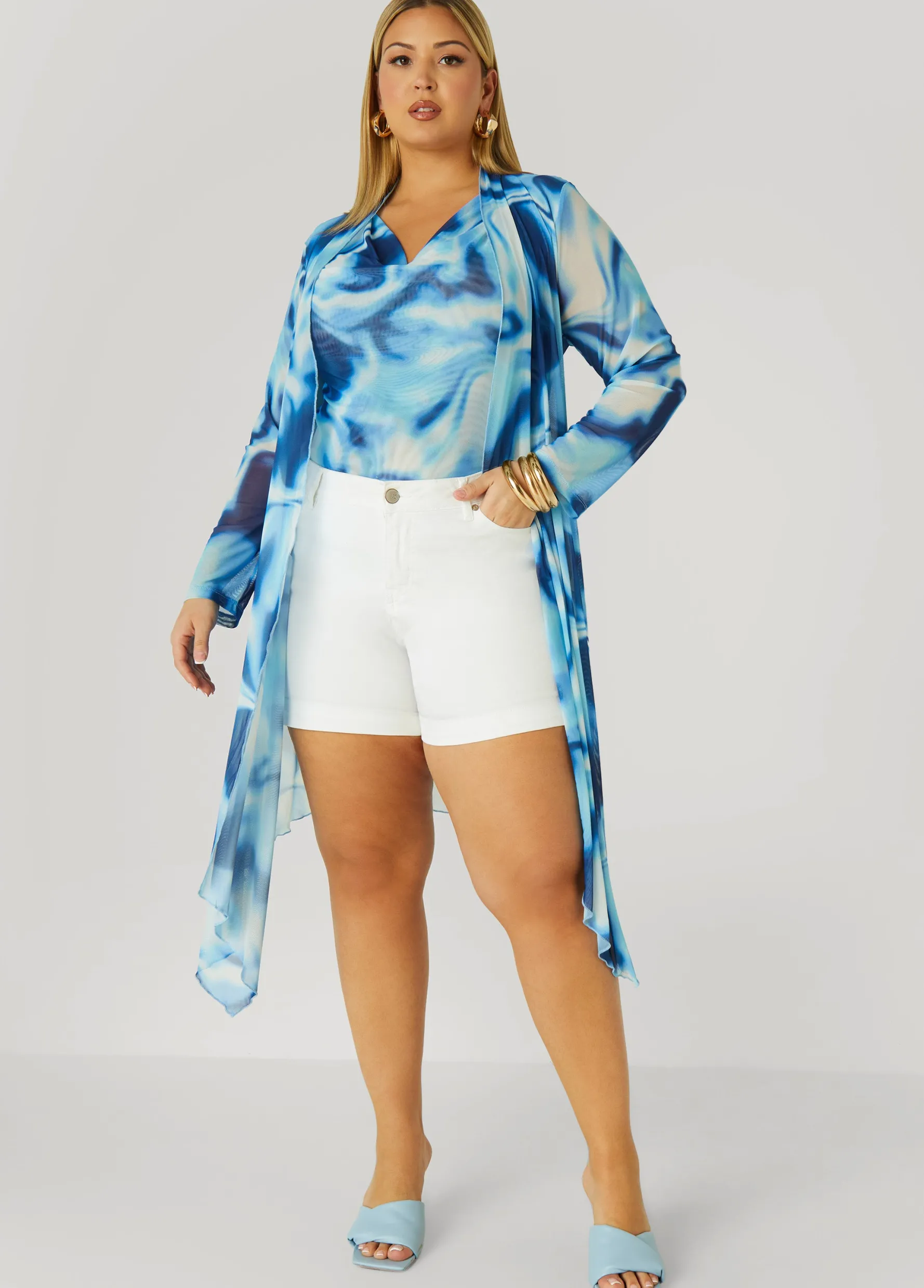 Fashion Ashley Stewart Cowl Neck Watercolor Mesh Top Multi