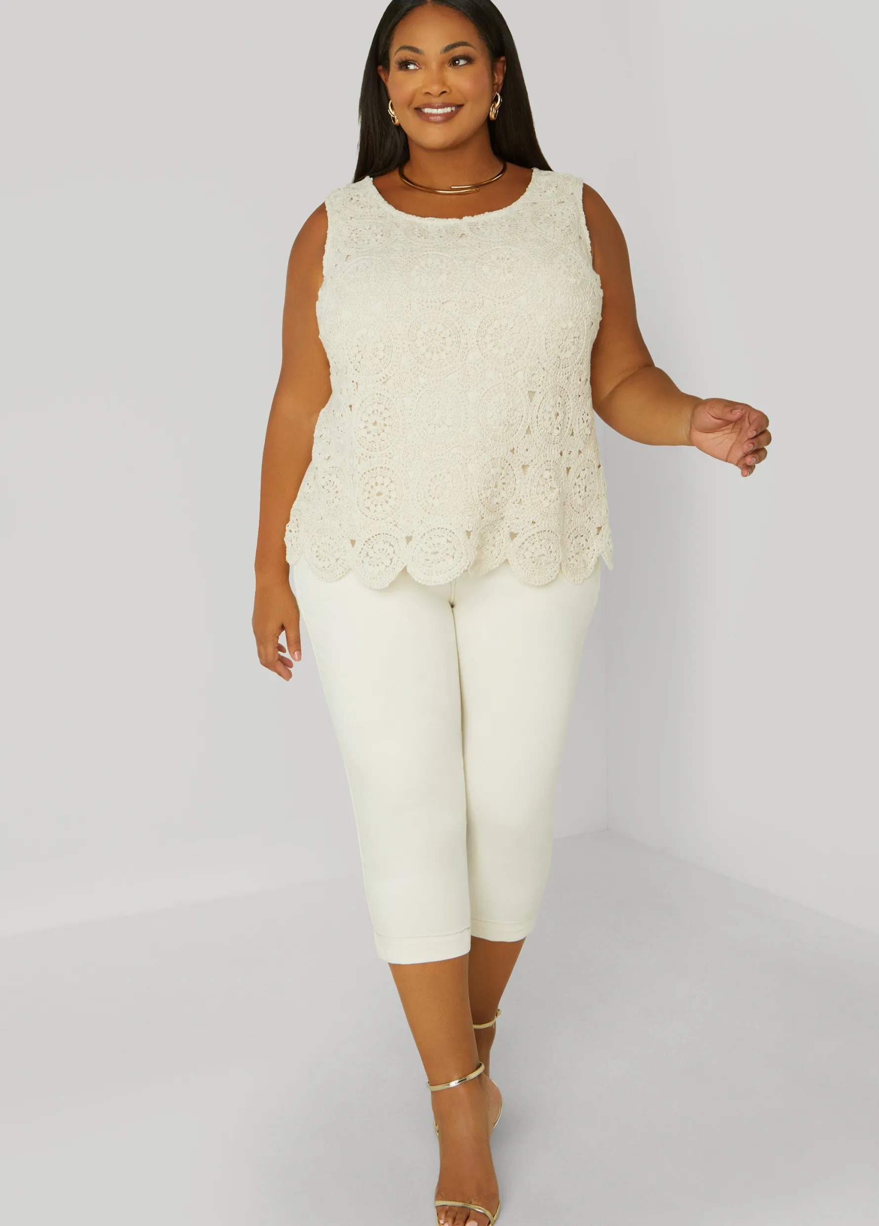 Best Ashley Stewart Crochet Paneled Jersey Tank Ivory