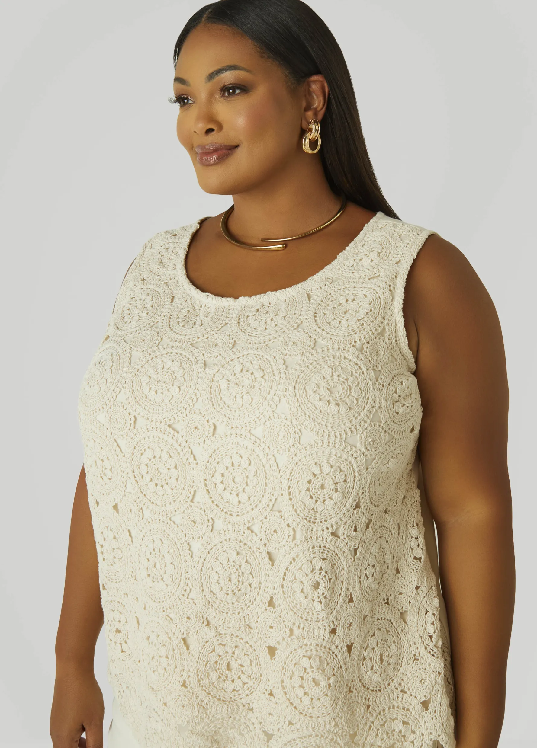 Best Ashley Stewart Crochet Paneled Jersey Tank Ivory