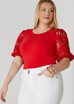 Best Ashley Stewart Crochet Sleeved Jersey Tee Aura Orange