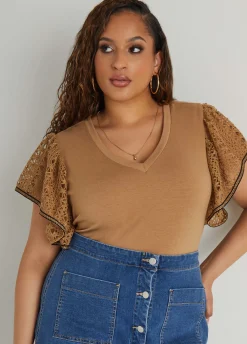 Online Ashley Stewart Crochet Sleeved Jersey Top Caramel Cafe