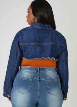 Fashion Ashley Stewart Cropped Frayed Denim Jacket Dk Rinse