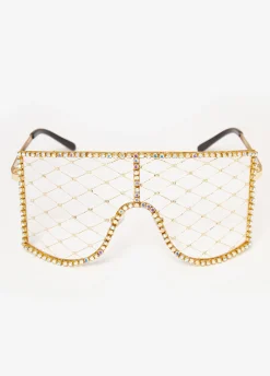 New Ashley Stewart Crystal Caged Shield Sunglasses Gold