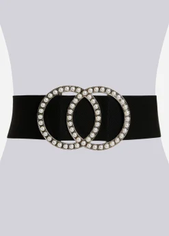 New Ashley Stewart Crystal Circle Wide Stretch Belt Black