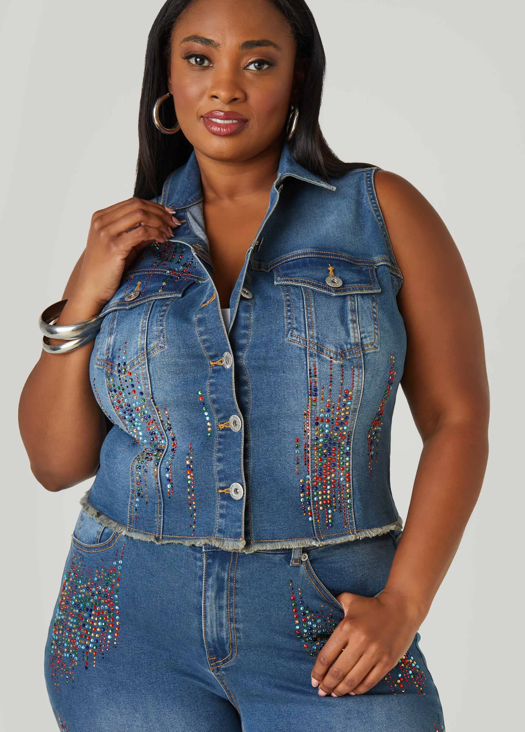 New Ashley Stewart Crystal Denim Vest Medium Blue