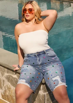 Hot Ashley Stewart Crystal Distressed Denim Shorts Medium Blue