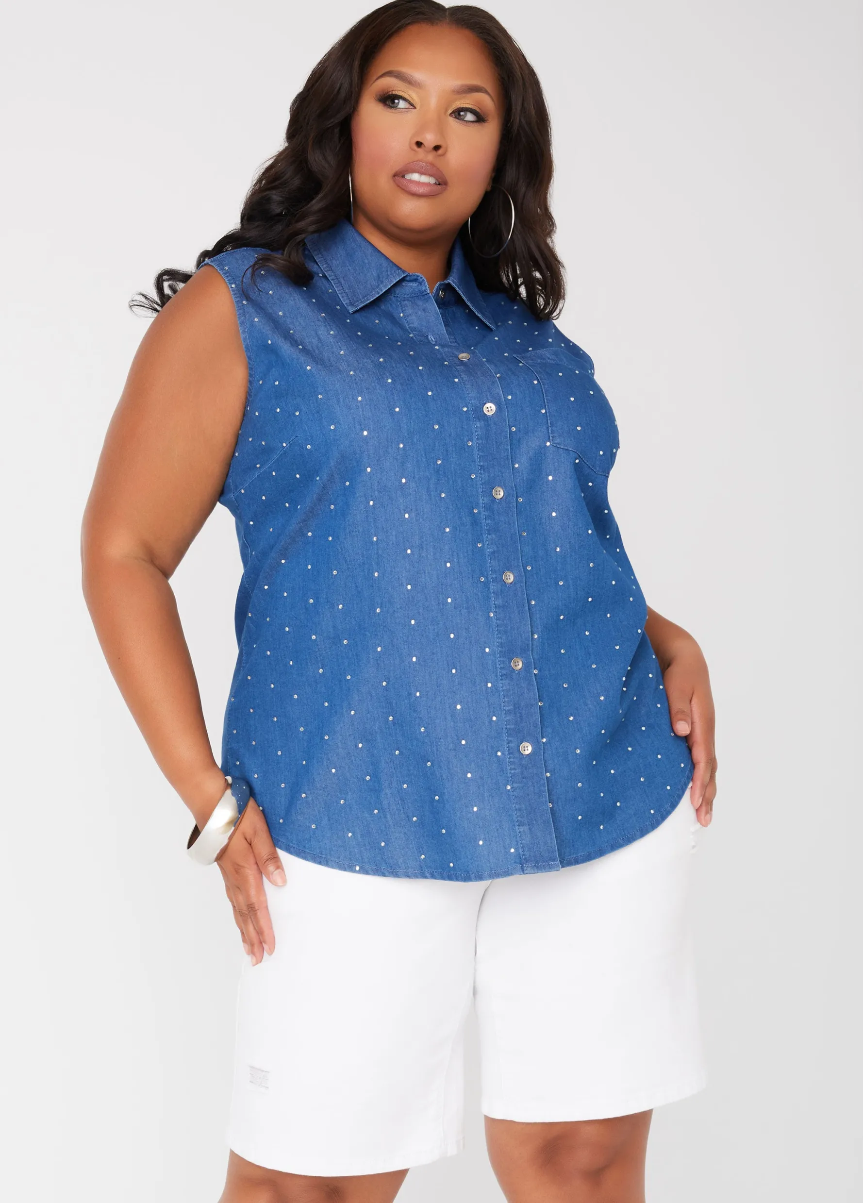 Best Ashley Stewart Crystal Embellished Chambray Shirt Denim