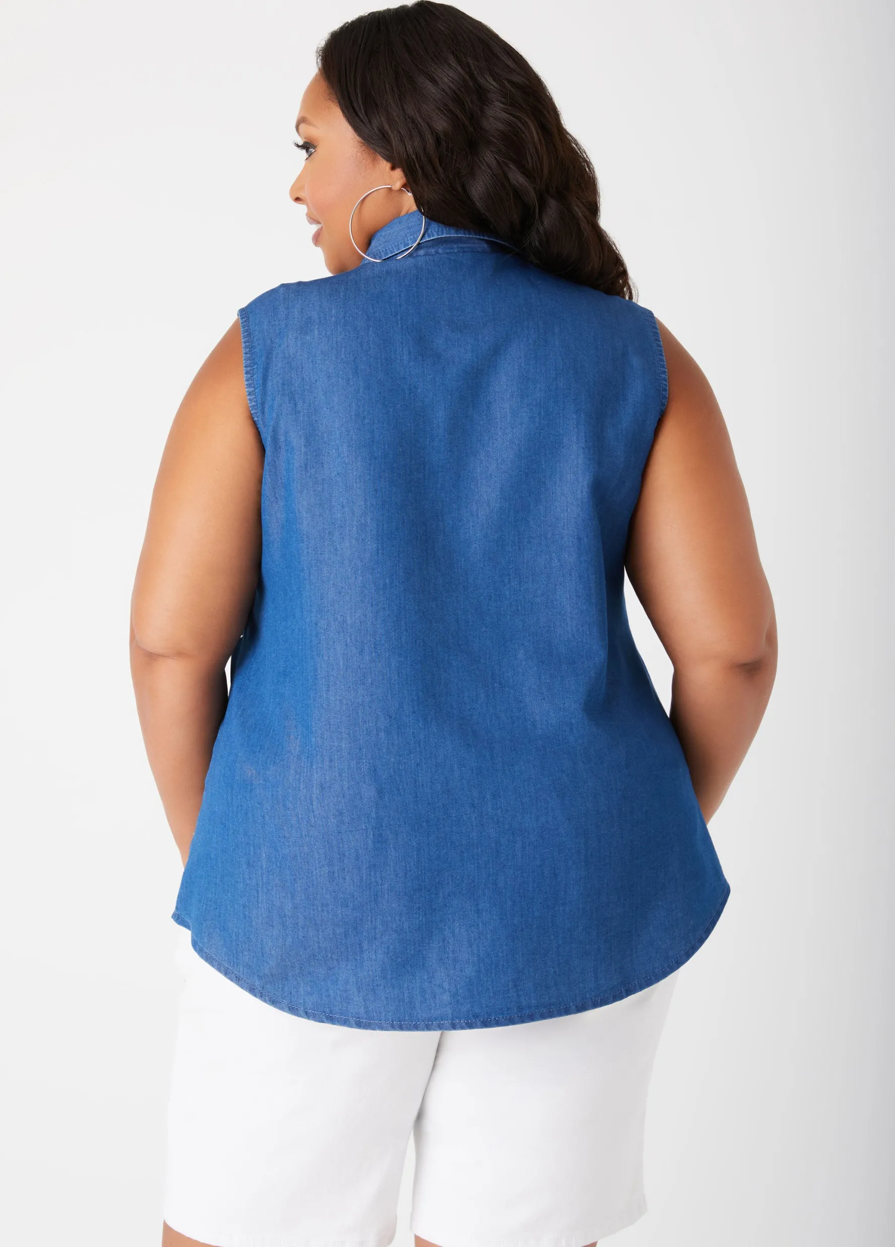 Best Ashley Stewart Crystal Embellished Chambray Shirt Denim