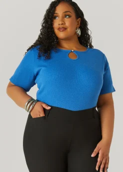 New Ashley Stewart Crystal Keyhole Ribbed Top