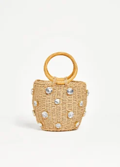 Fashion Ashley Stewart Crystal Straw Bucket Bag Natural
