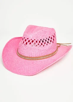 Hot Ashley Stewart Crystal Trimmed Straw Cowboy Hat Pink