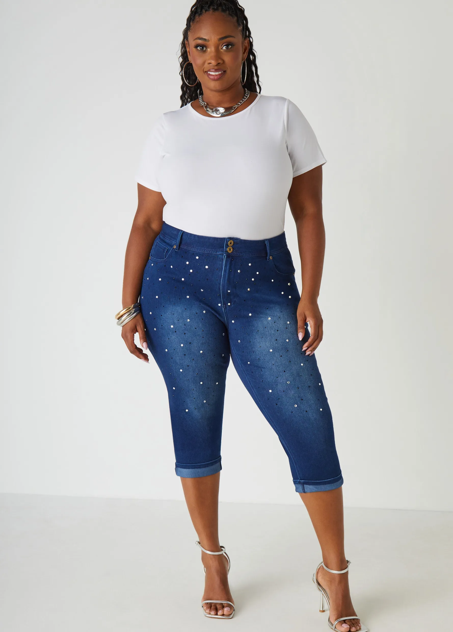 Clearance Ashley Stewart Cuffed Crystal Denim Capris