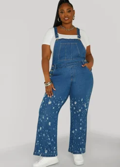 Sale Ashley Stewart Distressed Denim Overalls Dk Rinse