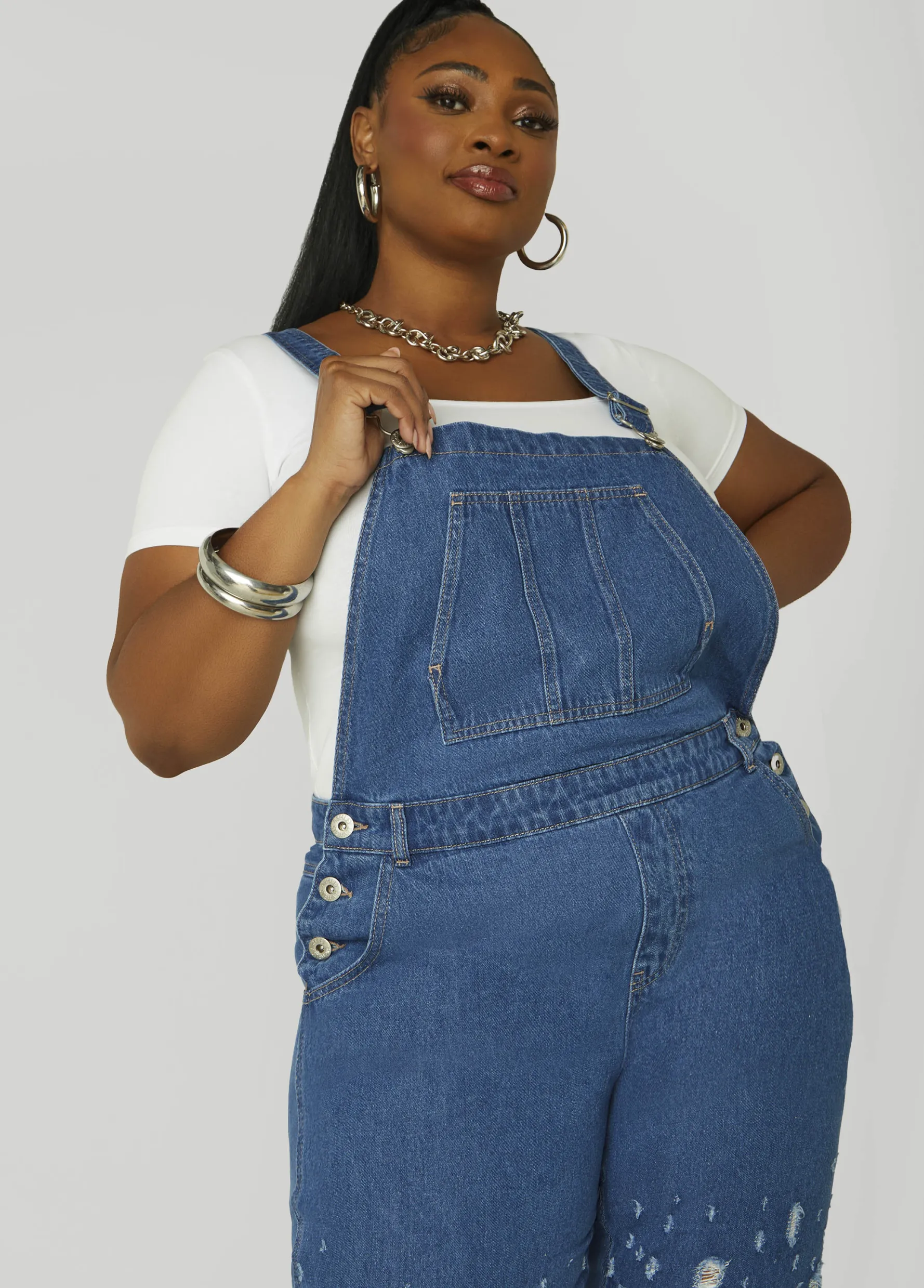 Sale Ashley Stewart Distressed Denim Overalls Dk Rinse