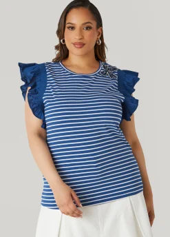 Online Ashley Stewart Embellished Paneled Striped Top Navy Peony