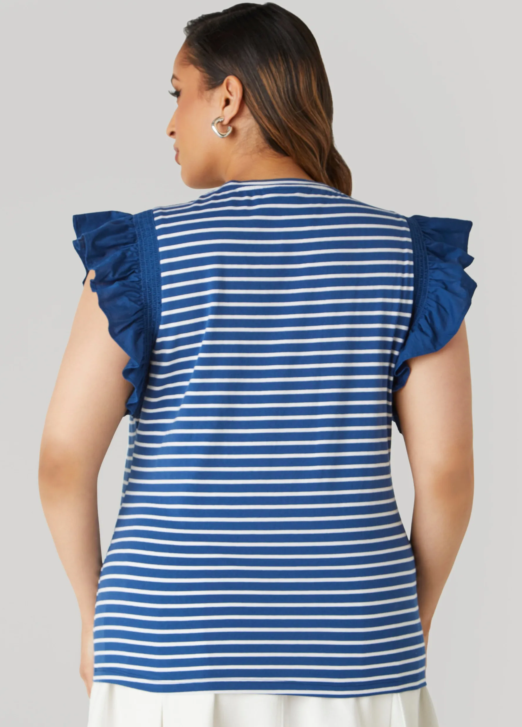 Online Ashley Stewart Embellished Paneled Striped Top Navy Peony