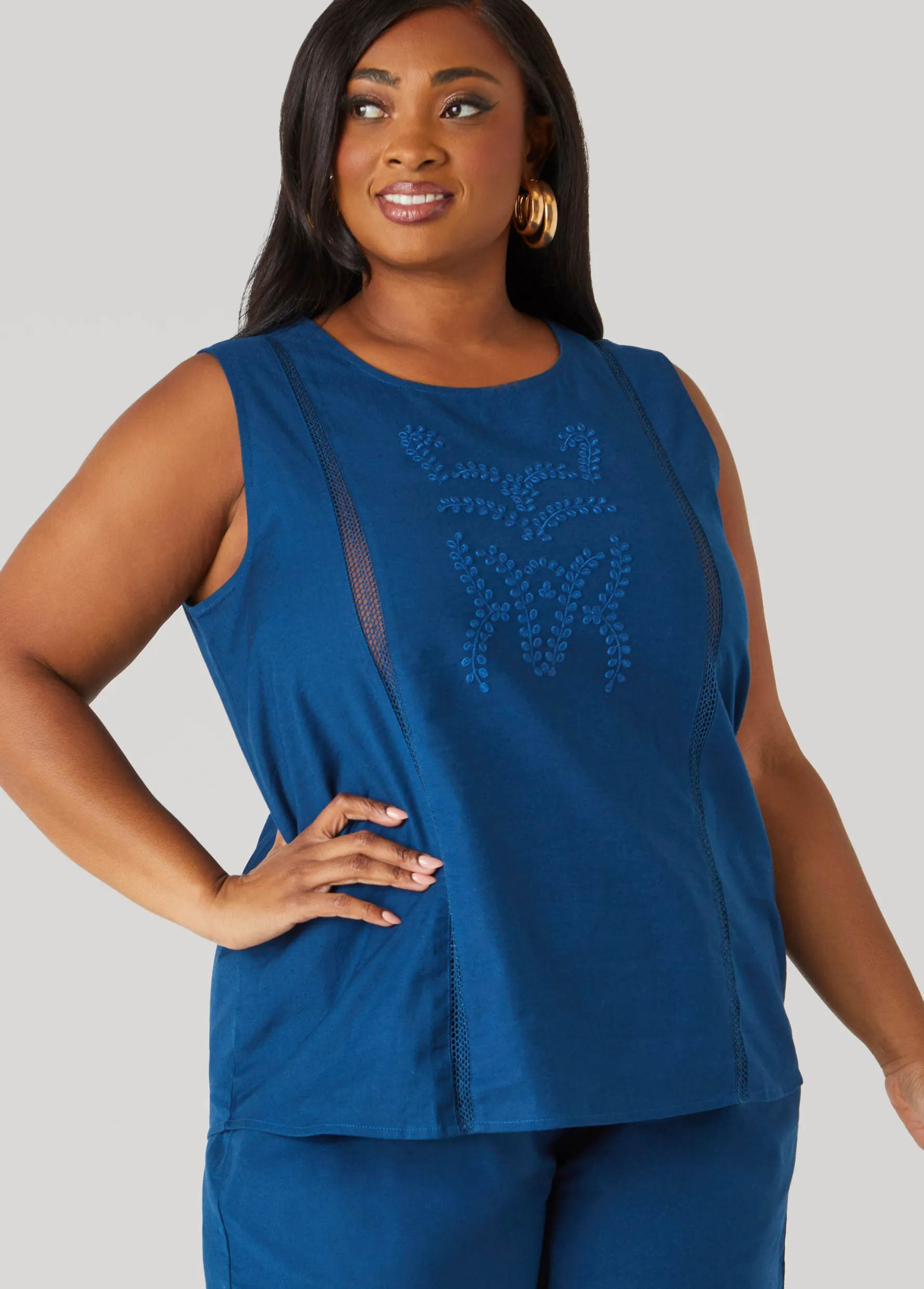 Best Ashley Stewart Embroidered Cotton And Linen Top