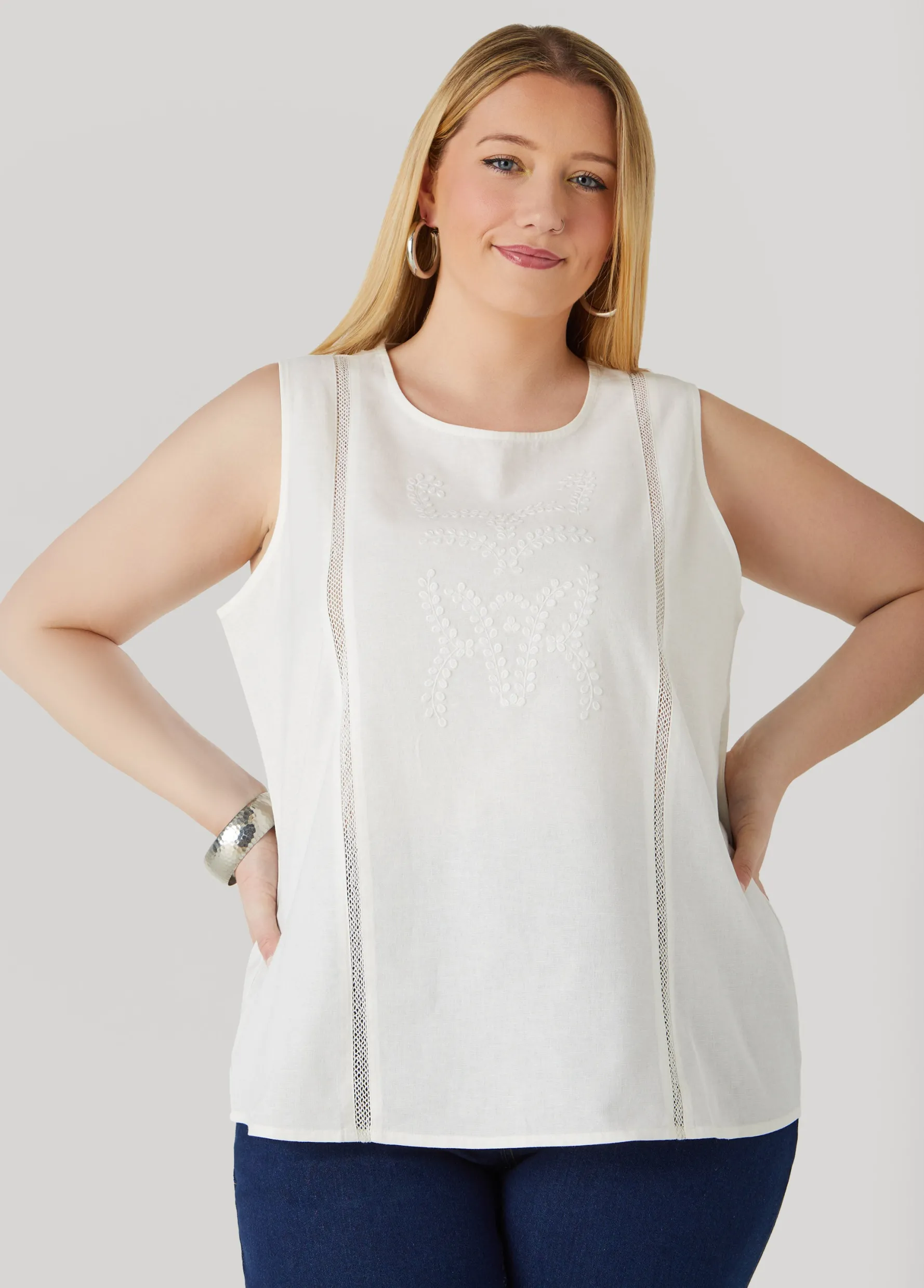 Best Ashley Stewart Embroidered Cotton And Linen Top