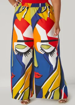 New Ashley Stewart Face Print Wide Leg Pants Multi
