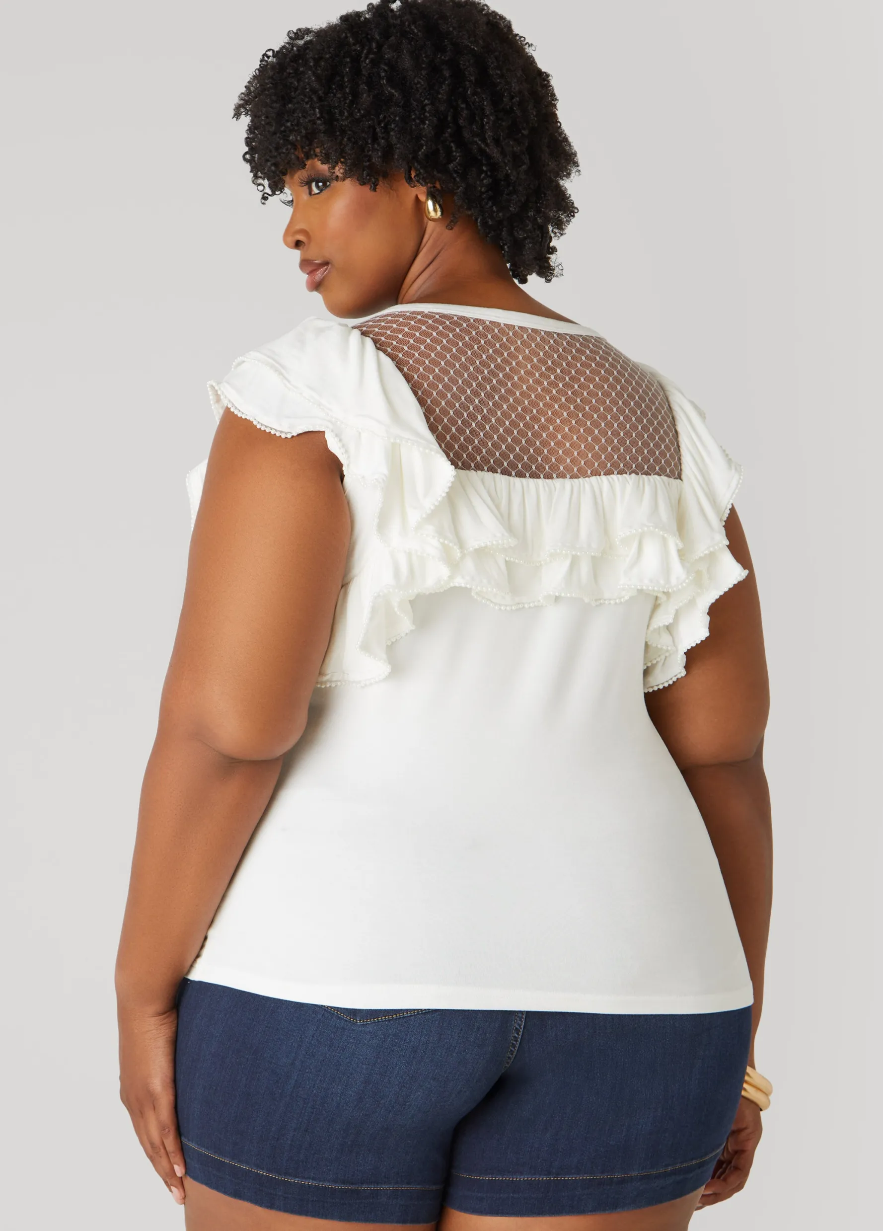 Discount Ashley Stewart Faux Pearl Mesh Paneled Top White
