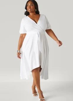 New Ashley Stewart Faux Wrap Hi Low Dress White