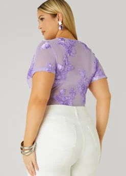 Online Ashley Stewart Floral Applique Mesh Bodysuit Dalia Purple