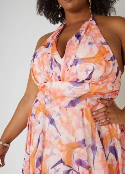 New Ashley Stewart Floral Organza Halter Gown Pink