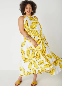 Clearance Ashley Stewart Floral Pleated Maxi Dress Cyber Yellow