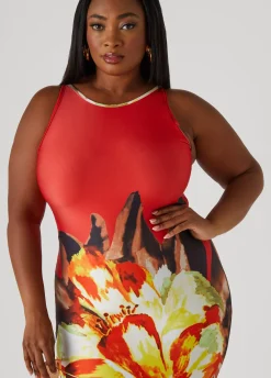 Sale Ashley Stewart Floral Print Bodycon Maxi Dress Aura Orange