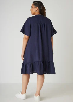 New Ashley Stewart Flounced Slub Woven Shirtdress