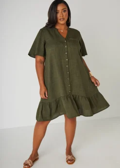 New Ashley Stewart Flounced Slub Woven Shirtdress