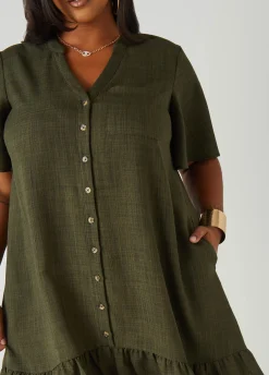 New Ashley Stewart Flounced Slub Woven Shirtdress