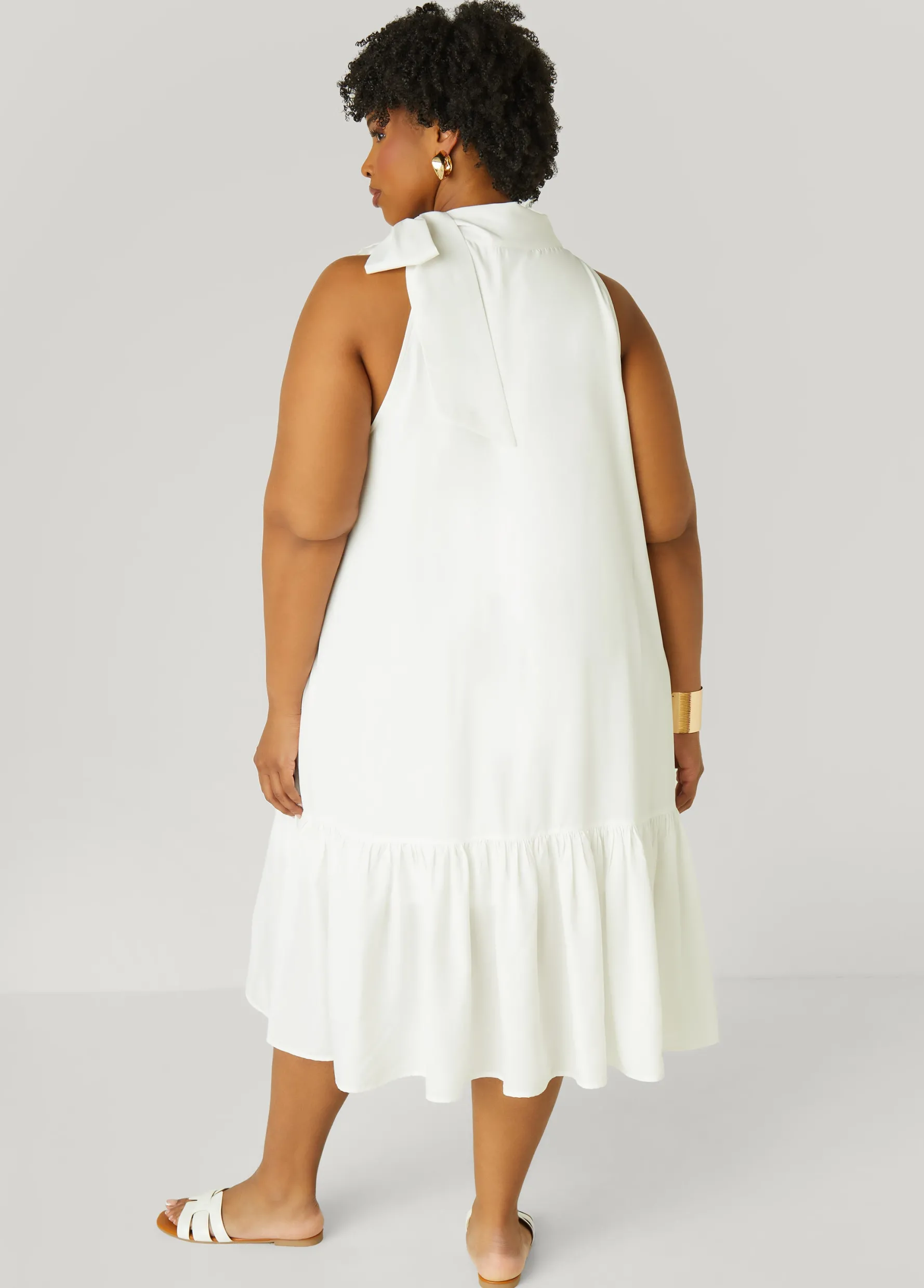 Hot Ashley Stewart Flounced Tie Neck Midi Dress White