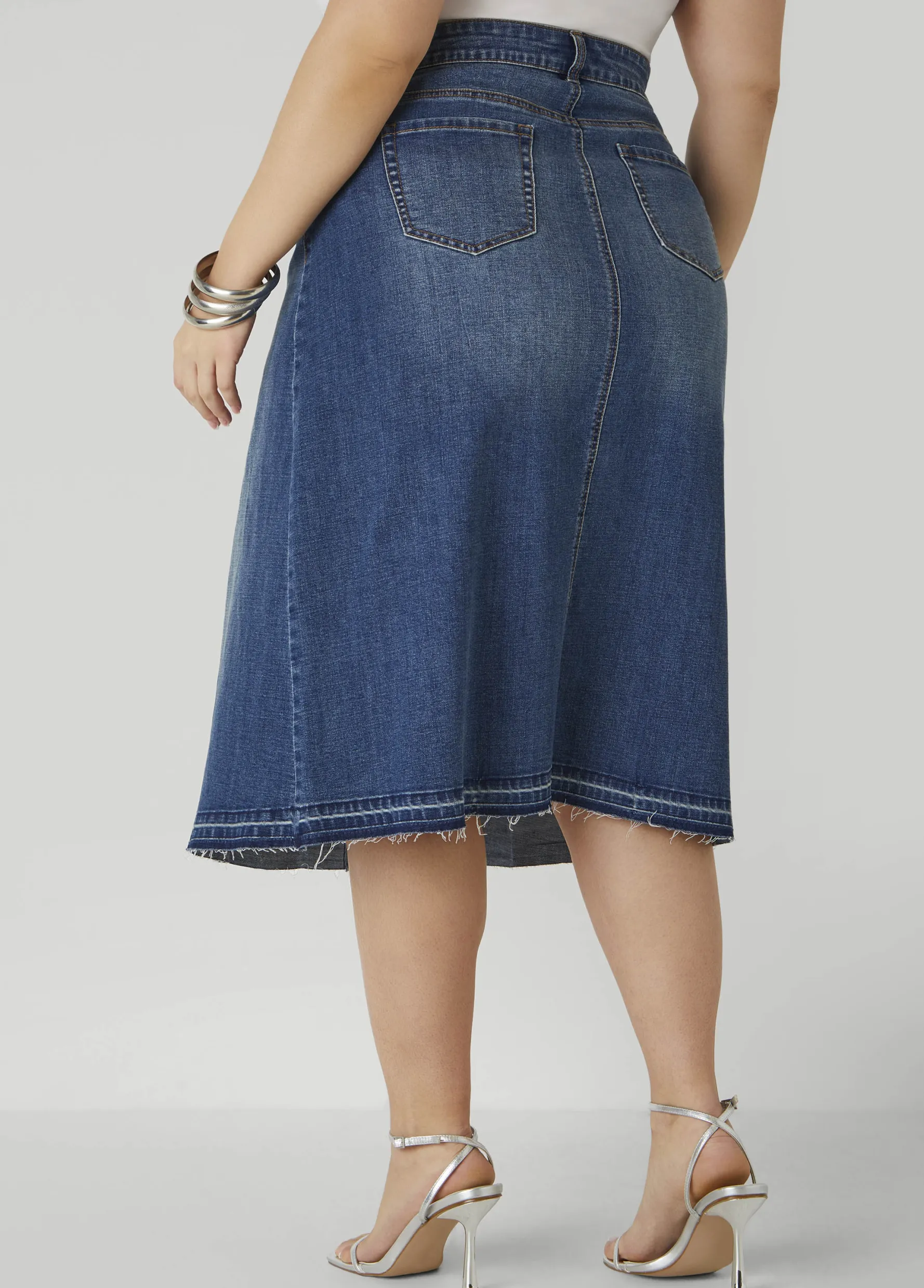 Sale Ashley Stewart Frayed Pleated Denim Midi Skirt Dk Rinse
