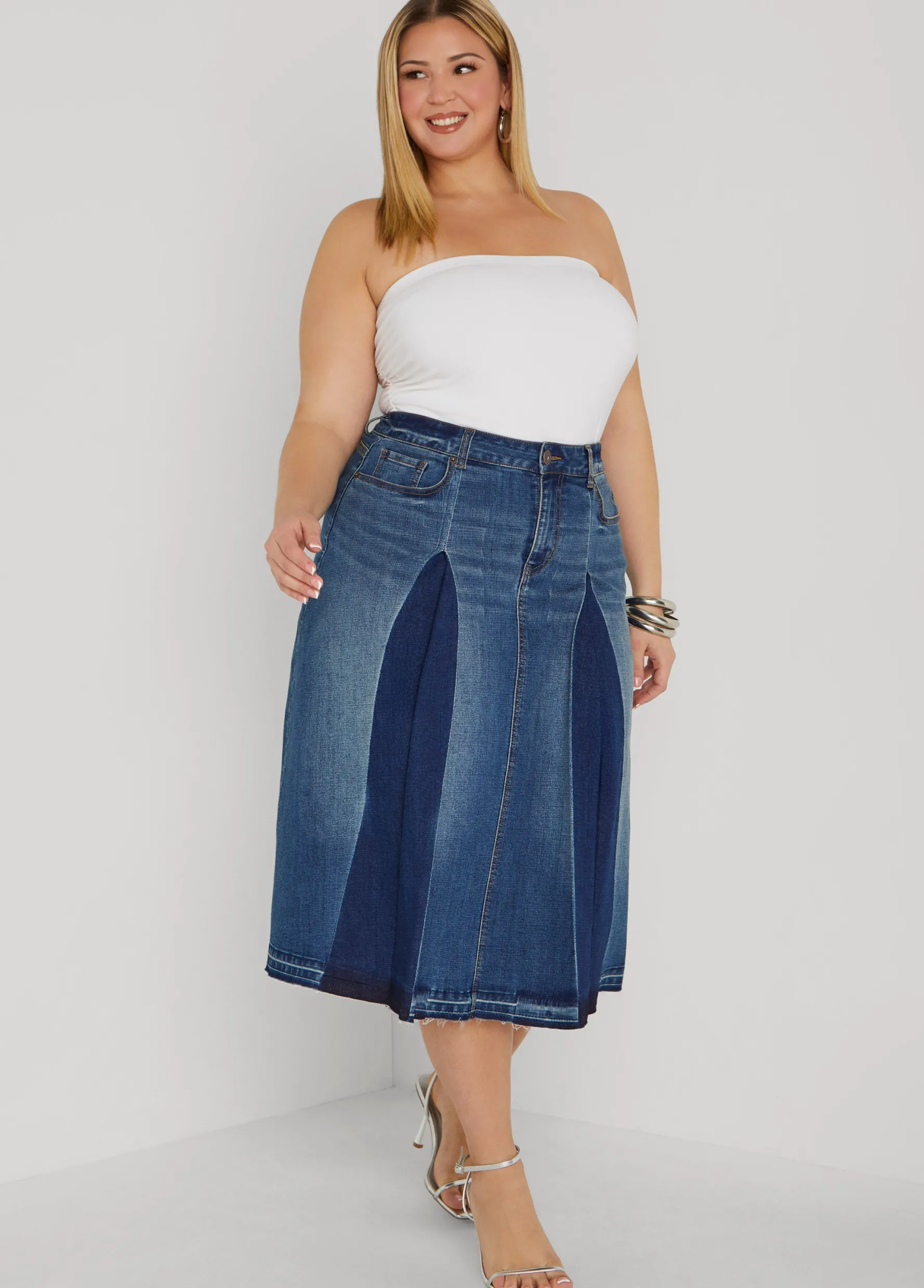 Sale Ashley Stewart Frayed Pleated Denim Midi Skirt Dk Rinse