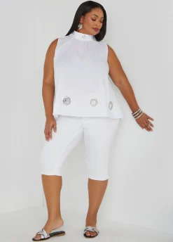 New Ashley Stewart Grommet Embellished Poplin Blouse