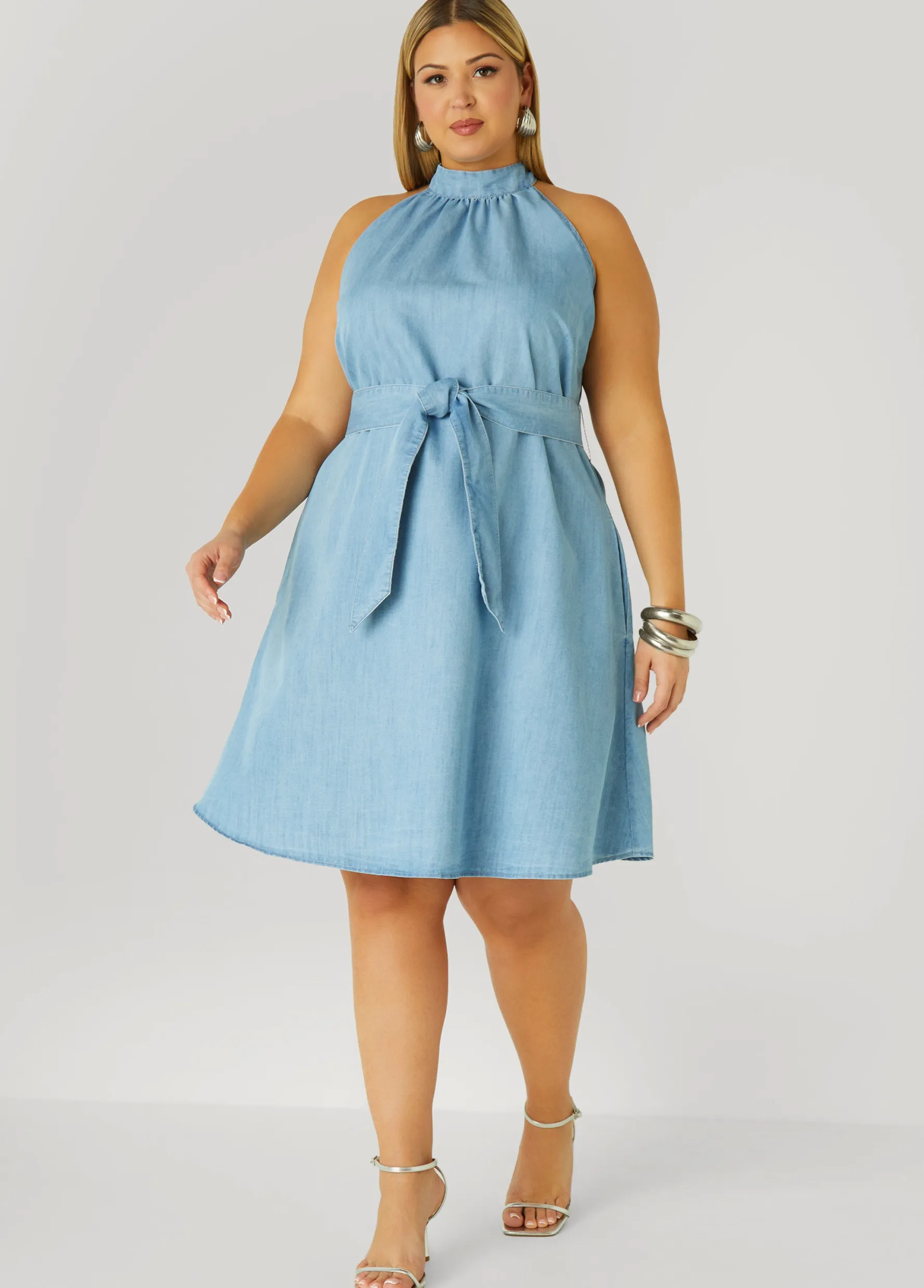 New Ashley Stewart High Collar Chambray Swing Dress Denim
