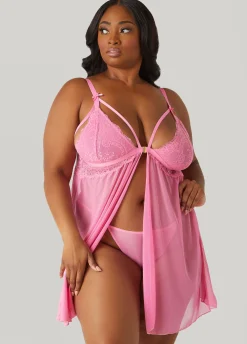Outlet Ashley Stewart Lace And Mesh Babydoll Set Pink