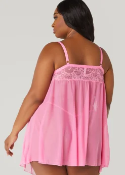 Outlet Ashley Stewart Lace And Mesh Babydoll Set Pink