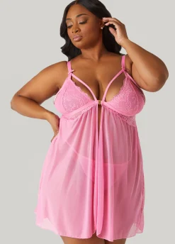 Outlet Ashley Stewart Lace And Mesh Babydoll Set Pink